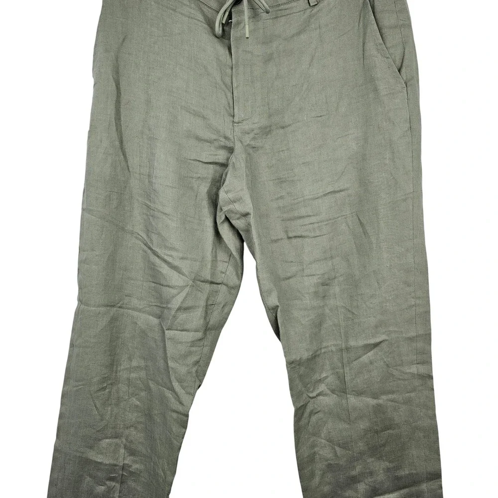 Zara Sage Green Linen Blend Drawstring Elastic Waist Straight‎ Leg Pants